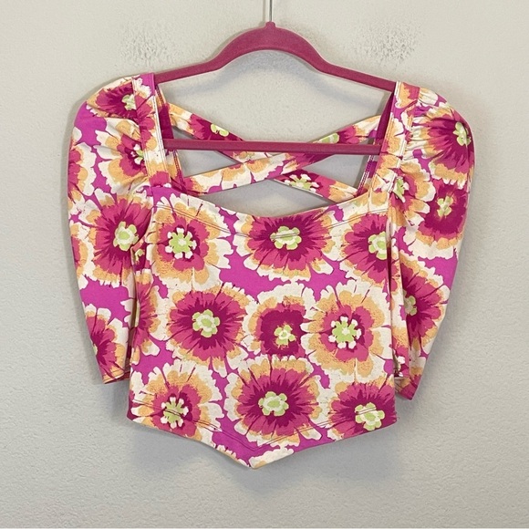 Free People Floral Puff Sleeves Cut Out Back Crop Top Pink Size XS - Picture 4 of 12